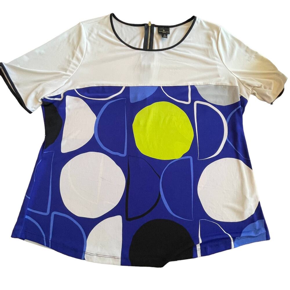 Worthington Woman 1X Plus Size Blouse Abstract Art ColorBlock Shirt White Blue